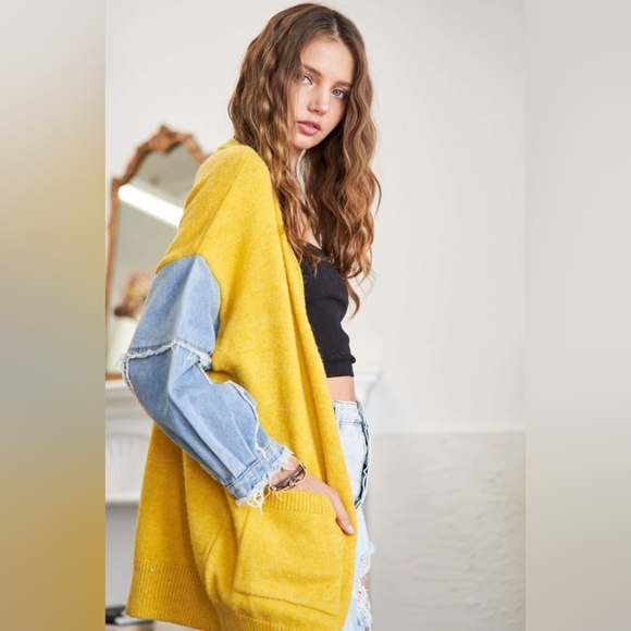 Yellow and Denim Sleeve Women's Sweater - Picture 4 of 6